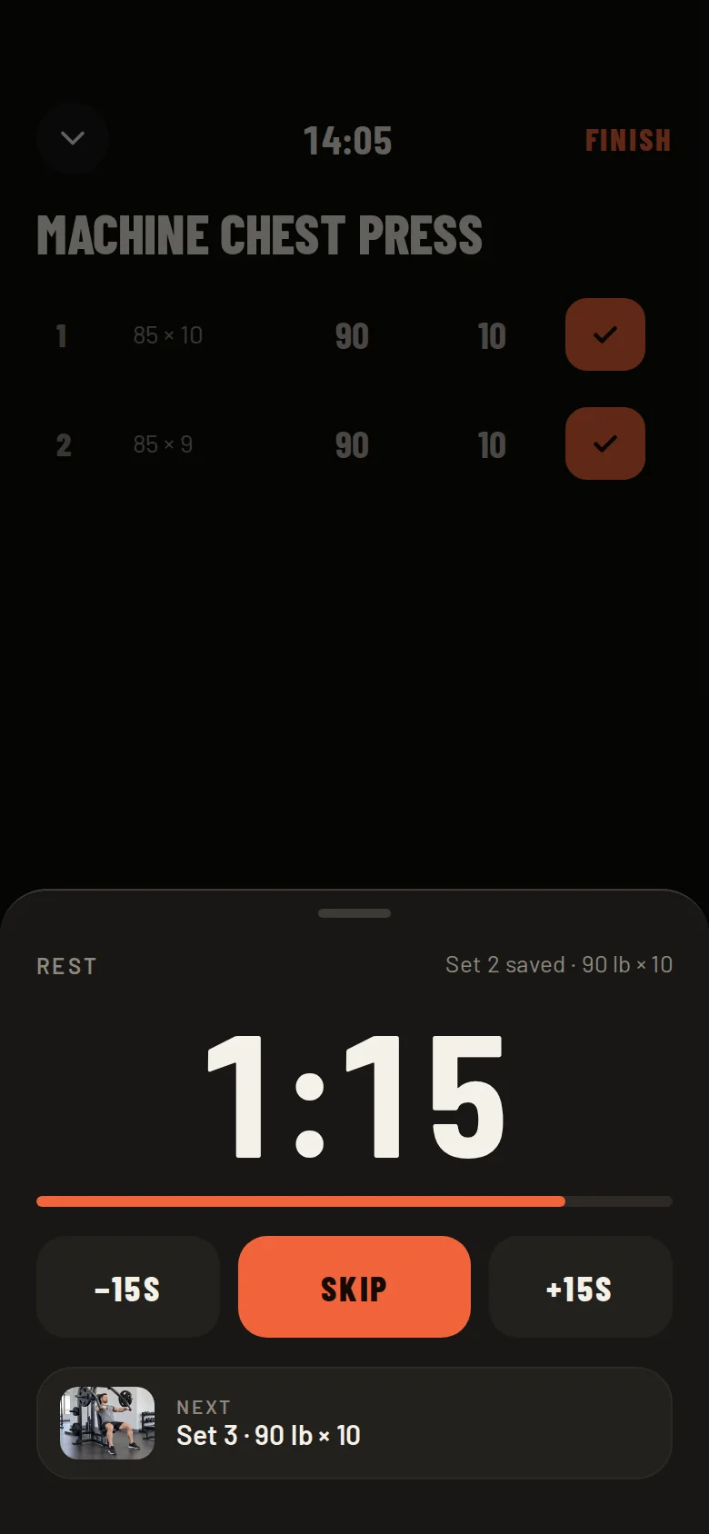 Rest timer at 1:15 with minus 15 seconds, skip and plus 15 seconds buttons