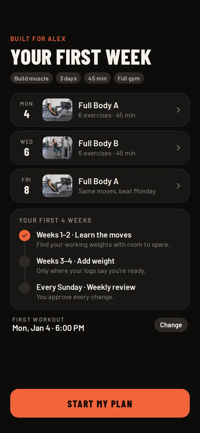 Your first week in Veryvo: three Full Body sessions on Monday, Wednesday and Friday, and a four-week outline
